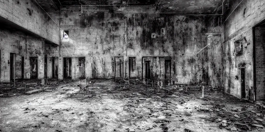 Prompt: abandoned prison with monsters, old photo, black and white, real