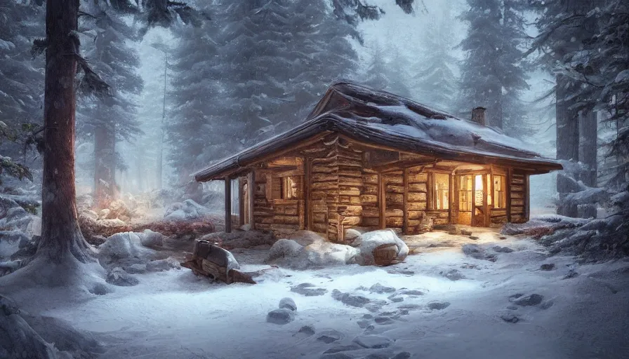 Image similar to A highly detailed matte painting of interior of old cabin, in snowy forest, fireplace, bookshelves, old couch, by Studio Ghibli, Makoto Shinkai, by Artgerm, by WLOP, by Greg Rutkowski, volumetric lighting, octane render, 4K resolution, trending on artstation, masterpiece