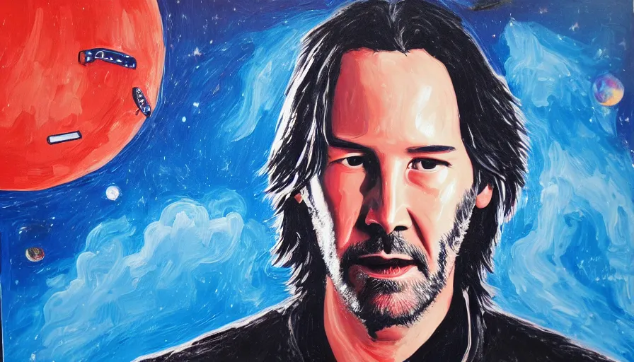 Image similar to Keanu reeves floating in space with a distressed look on his face, acrylic paint on canvas,