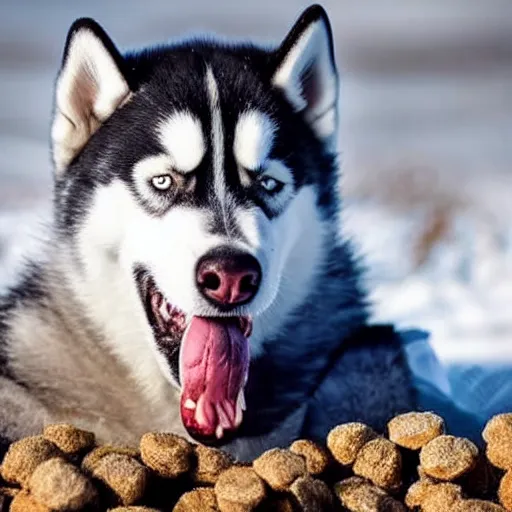 Prompt: a siberian husky eating a pile of shit