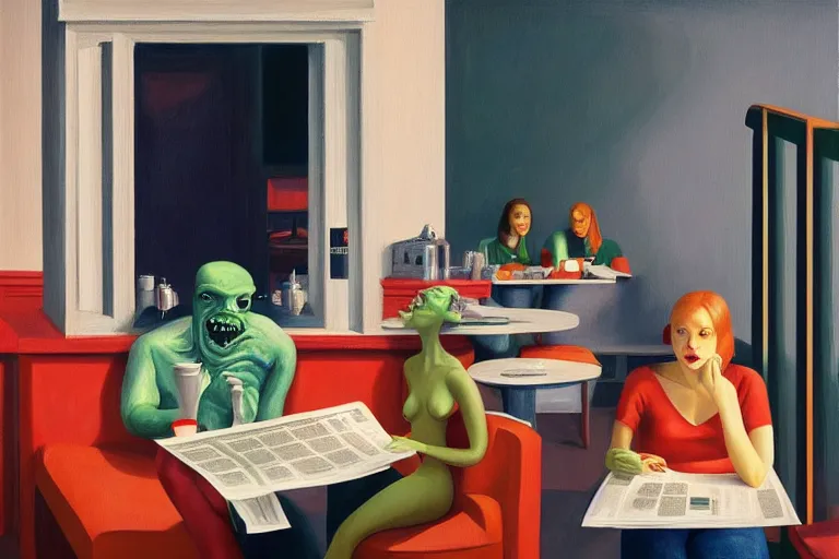 Image similar to hideous cronenberg monsters relaxing at a cafe. a waiter is pouring coffee. one monster is reading a newspaper. painting by edward hopper, 3 d rendering by beeple, 8 k, comfy