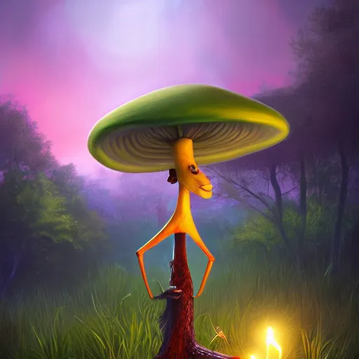 Prompt: a dark skinned anthro mushroom woman with long arms and long legs, fireflies, vivid colours, ultra realistic, beautiful realistic oil painting, detailed matte painting, cg society contest winner, behance contest winner, artstation, 4 k uhd art, unreal engine 5