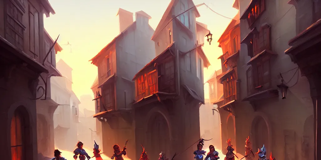 Prompt: an exciting fantasy street battle within a fascinating old city, narrow streets, old buildings, by Sylvain Sarrailh, cinematic, simple but effective composition, clean lines, beautiful digital painting, oil painting, dungeons and dragons, lord of the rings