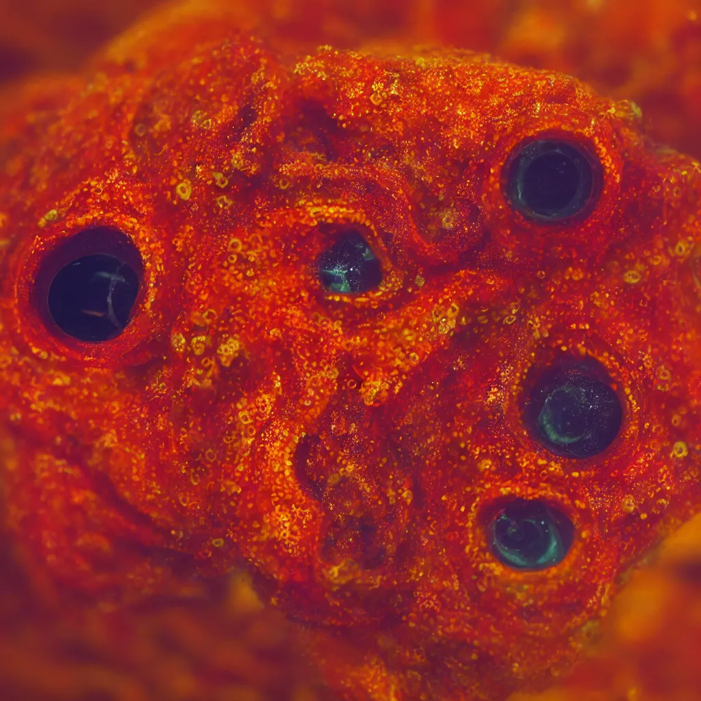 Image similar to fiery whimsical emotional eyes cephalopod, in a photorealistic macro photograph with shallow dof, in the deepest seas of the unconscious psyche