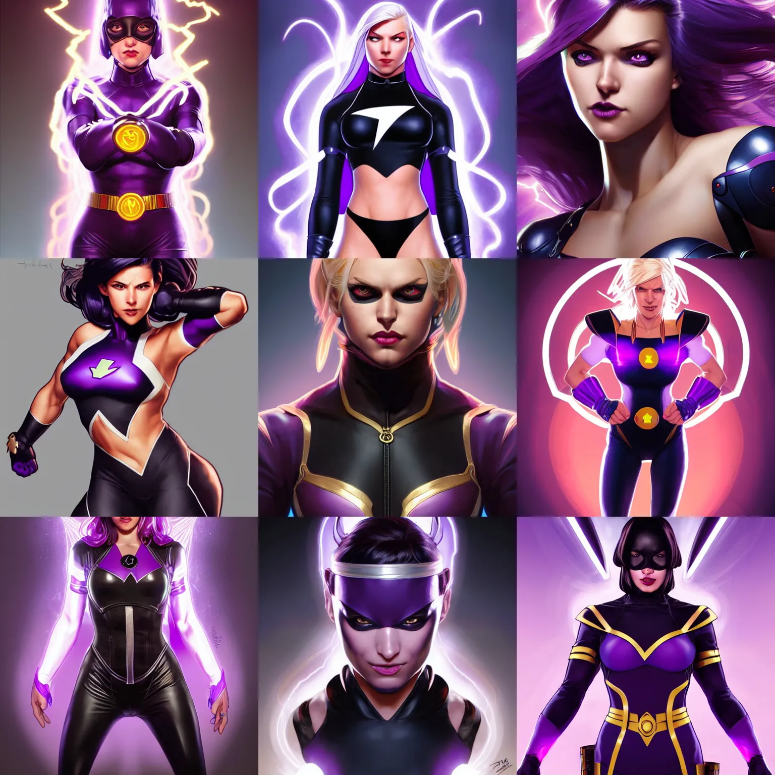 Prompt: character concept portrait, symmetrical head-on centralized, super-hero girl, small-domino, blond, black and violet costume, aura of power. Detailed, high quality, dynamic lightning, fantasy. Artwork by Artgerm, WLOP, Alex Ross, Greg Rutknowski, Alphonse Mucha