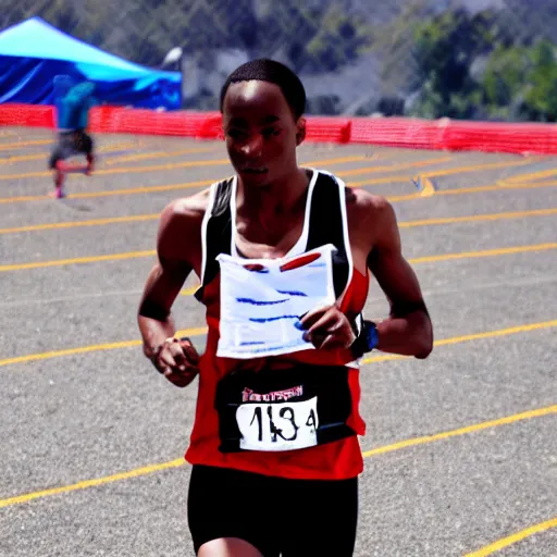 Prompt: stock photograph of an athletic runner holding a bible. Chased by mysterious monsters. Track and field event. DSLR Photography