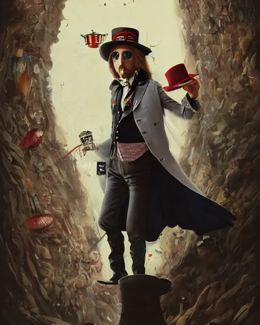 Image similar to tom petty as the mad hatter, contrast, kim jung gi, greg rutkowski, zabrocki, karlkka, jayison devadas, trending on artstation, 8 k, ultra wide angle, zenith view, pincushion lens effect