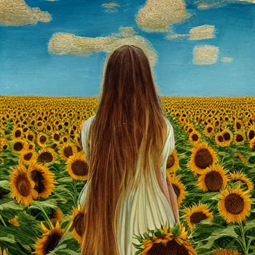 Prompt: a girl slowly walking through amazing tall sunflower field, her hair flowing down, subtle, intricate details, real masterpiece, oil on canvas, by leonardo da vinci, vitalik buterin