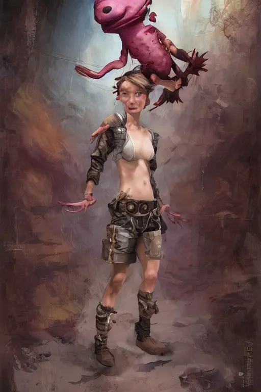 Image similar to portrait of the axolotl puppet bestower wearing deformable belt by artgerm and Craig Mullins, James Jean, Andrey Ryabovichev, Mark Simonetti and Peter Morbacher 16k