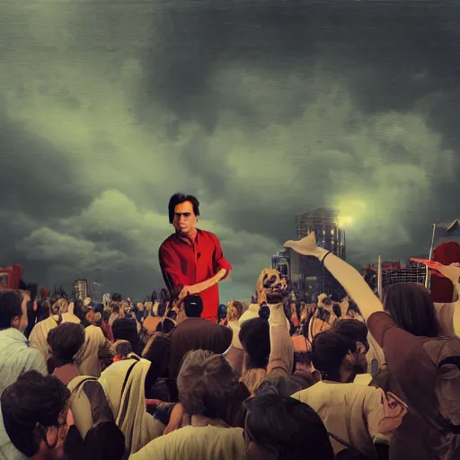 Prompt: Imran Khan pointing at user with a crowd in the background ,creepy atmosphere,gloomy lighting , digital art , highly detailed , high contrast, beautiful lighting, award winning , trending on art station, 8k, photo realistic