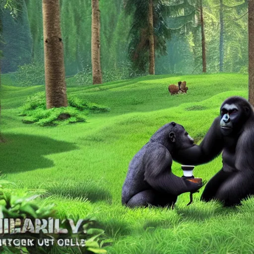 Prompt: bear and gorilla having a tea party in the middle of the woods, hyper realistic, 4 k, hd, highly detailed