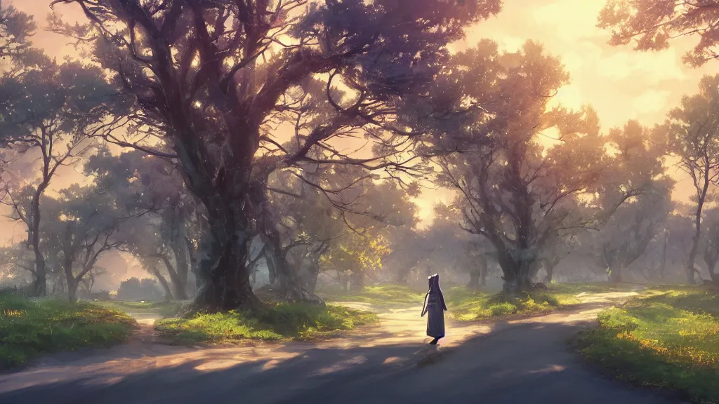 Prompt: a cloaked adventure standing in a winding road, gas lamps. Country road, country landscape, fields, two small trees. wide view, desolate. digital illustration, very vibrant colors, soft lighting, adventurous, atmospheric lighting, 8K, octane render. By Makoto Shinkai, Stanley Artgerm Lau, WLOP, Rossdraws, James Jean, Andrei Riabovitchev, Marc Simonetti, krenz cushart, Sakimichan, D&D trending on ArtStation, digital art.