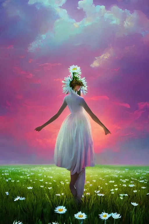 Prompt: giant white daisy flower as head, posture girl dancing in a flower field, surreal photography, sunrise, dramatic light, impressionist painting, colorful clouds, digital painting, artstation, simon stalenhag