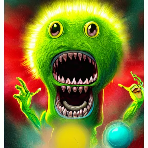 Prompt: a screaming tennis ball monsters, startled surprised face, oh shit face, colorful, digital art, fantasy, magic, chalk, trending on artstation, ultra detailed, professional illustration by basil gogos