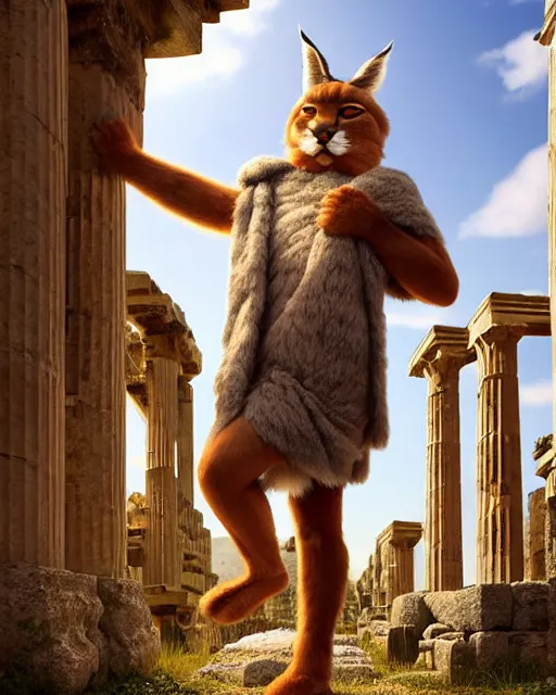 Image similar to fullbody photo of humanoid cute fluffy caracal dressed in toga, sun behind him, ancient greek city, sunny day, by ilya kuvshinov, rtx rendering, octane render 1 2 8 k, maya, extreme high intricate details by tom bagshaw, medium shot, composition by sana takeda, lighting by greg rutkowski