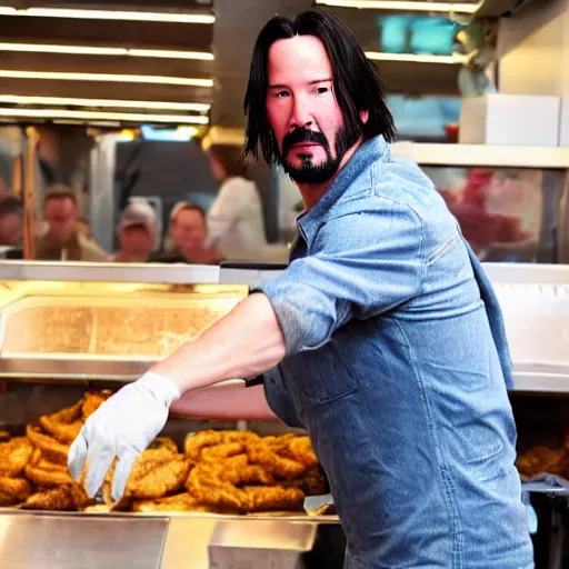 Prompt: keanu reeves working in a uk chicken shop