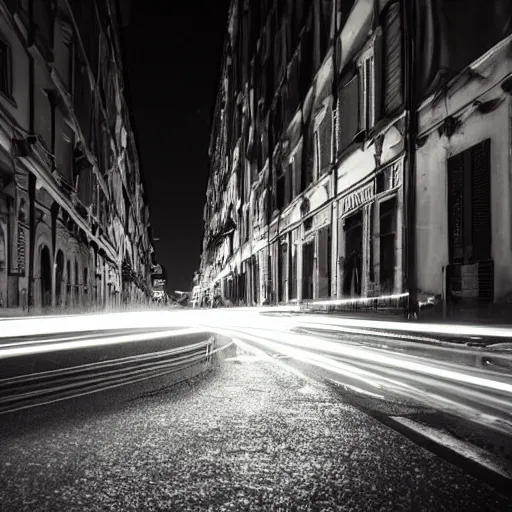 Prompt: long exposure of the cars in genoa at night. genova. street. night. neon lines. cars. nostalgic.