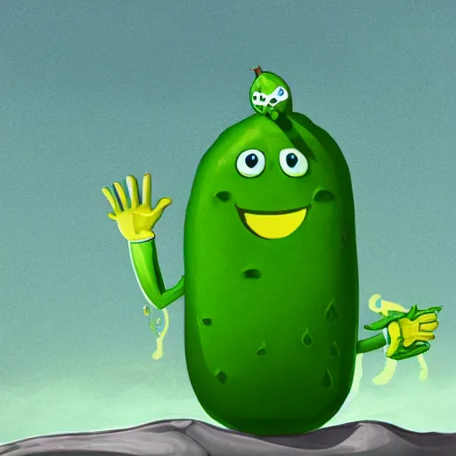 Prompt: A happy green pickle standing on top of a mountain, fog, digital art, cartoon art,