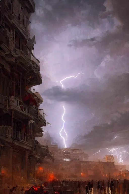 Image similar to ancient city of troy under a sky full of lightning, powerfull, intricate, elegant, volumetric lighting, digital painting, highly detailed, artstation, sharp focus, illustration, concept art, ruan jia, steve mccurry