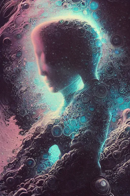 Prompt: close up shot of a full body floating astronaut portrait water elemental fading into water, high contrast, james gurney, peter mohrbacher, mike mignola, black paper, mandelbulb fractal, trending on artstation, exquisite detail perfect, large brush strokes, bold pinks and blues tones, intricate ink illustration, black background