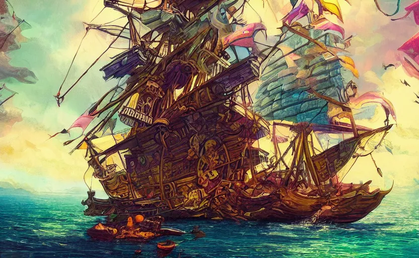 Image similar to pirate ship, storybook, colorful, lush, artstation, print