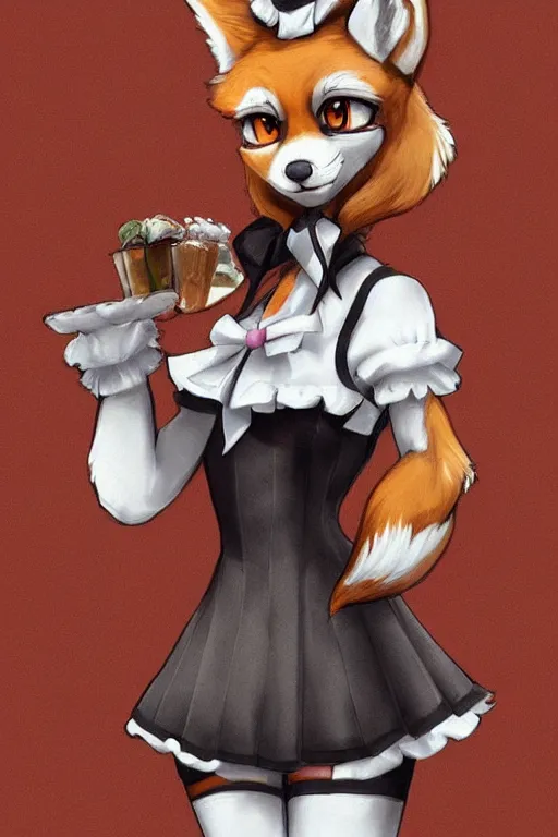 Image similar to a fox fursona wearing a maid outfit, highly detailed, digital art, trending on artstation, furry art