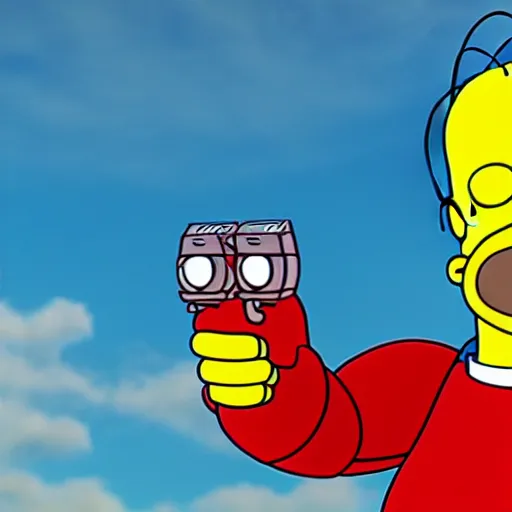 Image similar to wide angle Homer Simpson as C3PO, background blue sky puffy clouds cinematic 4k