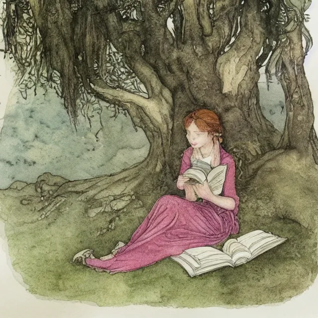 Image similar to a detailed, intricate watercolor and ink portrait illustration with fine lines of young 1 4 year old scarlett johannson happily reading under a tree, by arthur rackham and edmund dulac and lisbeth zwerger