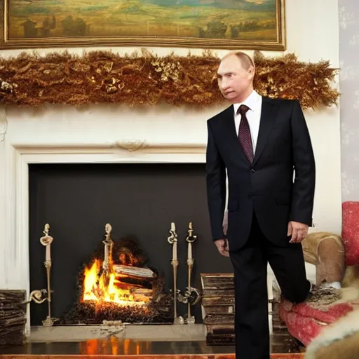 Image similar to vladimir putin in a waistcoat staring at a log fire photograph, dslr, rule of thirds