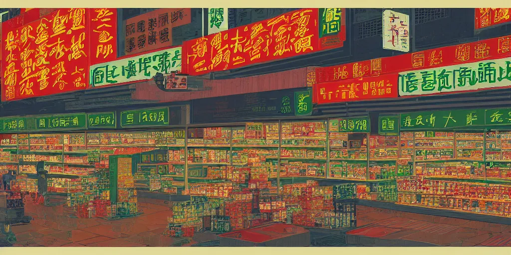 Image similar to a supermarket in hong kong, by dan mumford and peter doig and edward hopper, minimal, black in, thick lines highly detailed, muted colours, overlaid with chinese adverts, 8 k