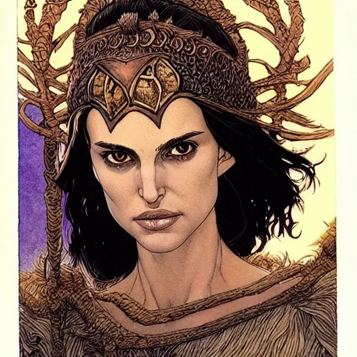 Prompt: a realistic, very beautiful and atmospheric portrait of a young natalie portman as a druidic warrior wizard looking at the camera with an intelligent but seductive gaze by rebecca guay, michael kaluta, charles vess and jean moebius giraud. low contrast, smooth lighting