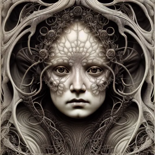 Image similar to detailed realistic porcelain beautiful calaveras goddess face portrait by jean delville, gustave dore, iris van herpen and marco mazzoni, art forms of nature by ernst haeckel, art nouveau, symbolist, visionary, gothic, neo - gothic, pre - raphaelite, fractal lace, intricate alien botanical biodiversity, surreality, hyperdetailed ultrasharp octane render