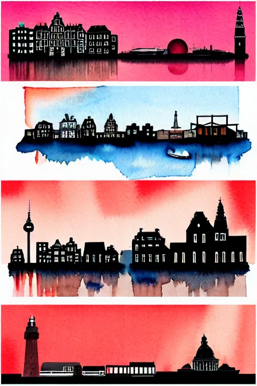 Image similar to minimalist watercolor art of amsterdam at sunset, illustration, vector art