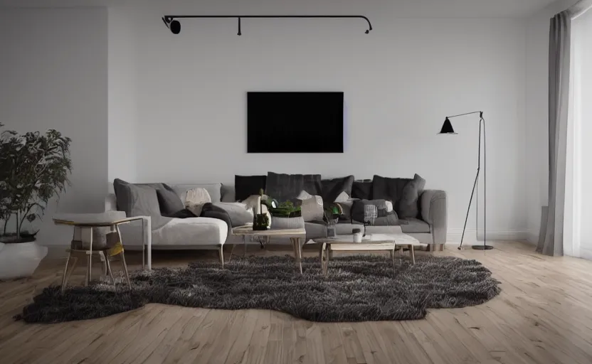 Prompt: modern scandinavian living room, bright, light wood, clean, cozy, 3 d render