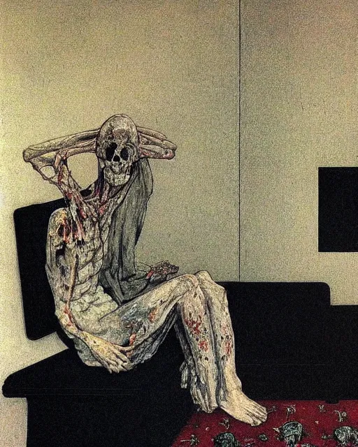 Prompt: an old dead person sitting on an old couch in an old apartment with woman on the floor,  Francisco Goya painting, part by Beksiński and EdvardMunch. art by Takato Yamamoto, Francis Bacon masterpiece