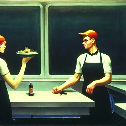 Image similar to the engineer from the movie prometheus, wearing a soiled apron, service shirt order foor in a cyberpunk diner, art by edward hopper, high quality film stock, noir lighting