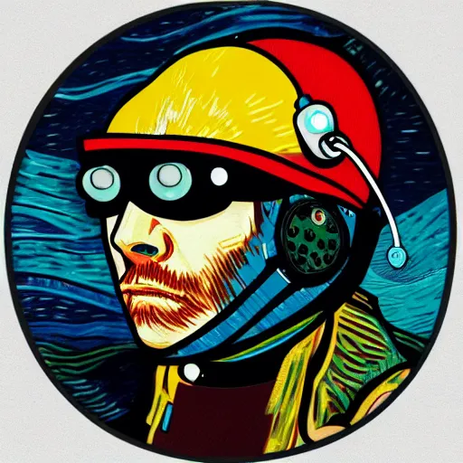 Image similar to Illustrated by Shepard Fairey and Greg Rutkpwski | Cyberpunk Van Gogh with VR helmet, surrounded by cables