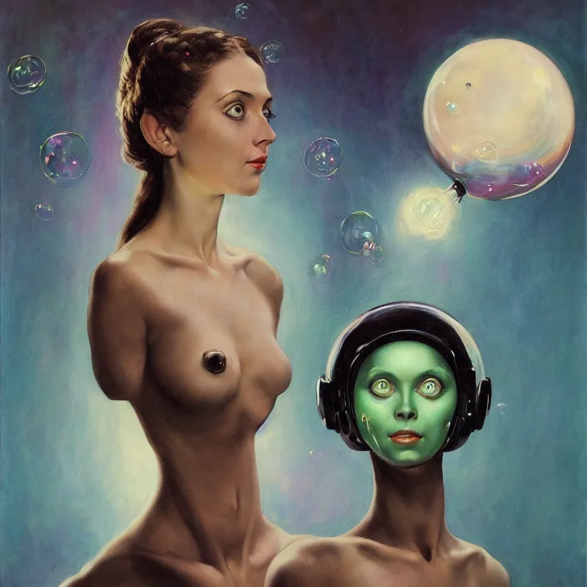 Prompt: portrait painting of a beautiful alien woman with big eyes, by norman rockwell. floating glowing bubbles. muted colors, soft gradients. dark background. trending on artstation. retrofuturism.