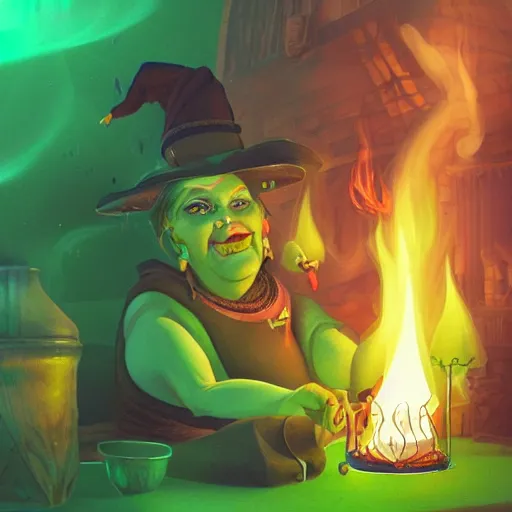 Image similar to wide shot of an old fire witch brewing in the style of flooko, detailed, fire, smoke, realism, realistic, hyper detailed, green lighting, ambient lighting, smoke, haze,