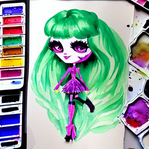 Image similar to colorful watercolor painting of a monster high doll