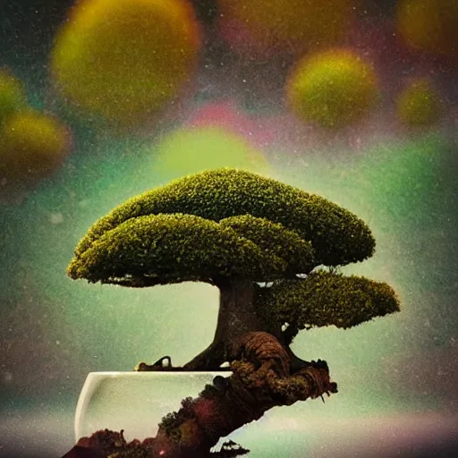 Image similar to A picture of a planet of various flowers, fungus and plants, Bonsai , in which the human figure is dressed in something magical and impressive, inside the picture is infinity, muted light, BotanicalAtmospheric phenomenon, artistic photography, muted colors, conceptual, Kodachrome