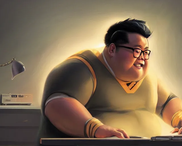 Image similar to an insanely detailed painting of a slightly chubby, nerdy asian man wearing a superhero costume, sitting at a desk, staring at the nervously at the computer and typing, in the style of peter mohrbacher, dramatic lighting and composition, octane render, pixar, trending on artstation, concept art, comic book, view from behind