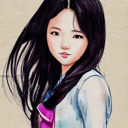 Image similar to a perfect, realistic professional digital sketch of a Korean schoolgirl posing, in style of Marvel, full length, by pen and watercolor, by a professional American senior artist on ArtStation, a high-quality hollywood-style sketch, on high-quality paper