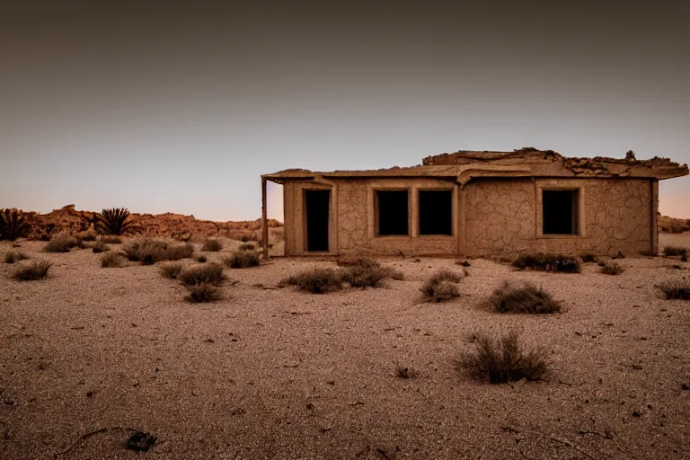 Image similar to desolate house in the middle of the desert, golden hour, dramatic, desolate, award winning