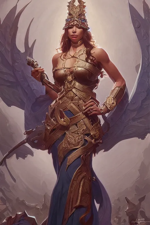 Image similar to personification of the united state of america, full body shot, d & d, fantasy, intricate, elegant, highly detailed, digital painting, artstation, concept art, matte, sharp focus, illustration, hearthstone, art by artgerm and greg rutkowski and alphonse mucha