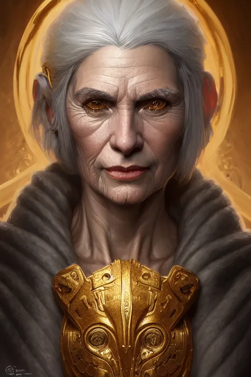 Prompt: portrait of a middle aged grey haired woman in the style of god of war, golden machine parts, intricate, elegant, highly detailed, digital painting, artstation, concept art, smooth, sharp focus, illustration, art by artgerm and greg rutkowski and alphonse mucha, 8 k