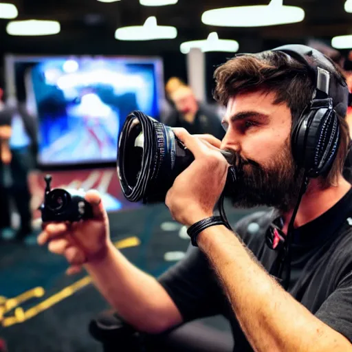 Image similar to ruggedly handsome gimbal camera operator getting the action shot at a video game tournament. photorealistic, high quality, intricate details