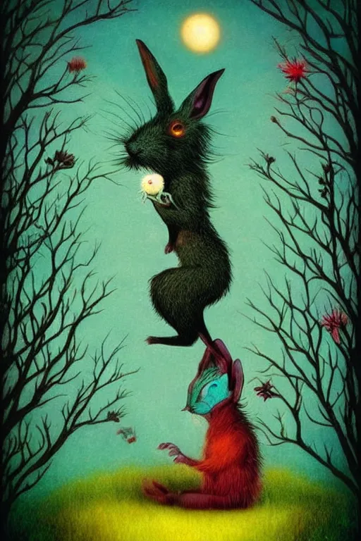 Image similar to surreal hybrid rabbits, fantasy, fairytale animals, flowerpunk, mysterious, vivid colors, by andy kehoe