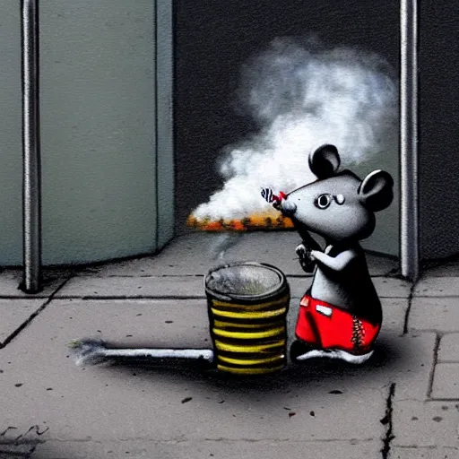 Image similar to a rat smoking a joint in new york with smoke coming through a grate in the ground and warm street lights in the background, painting by banksy, banksy art, high detail, 4 k, smooth,