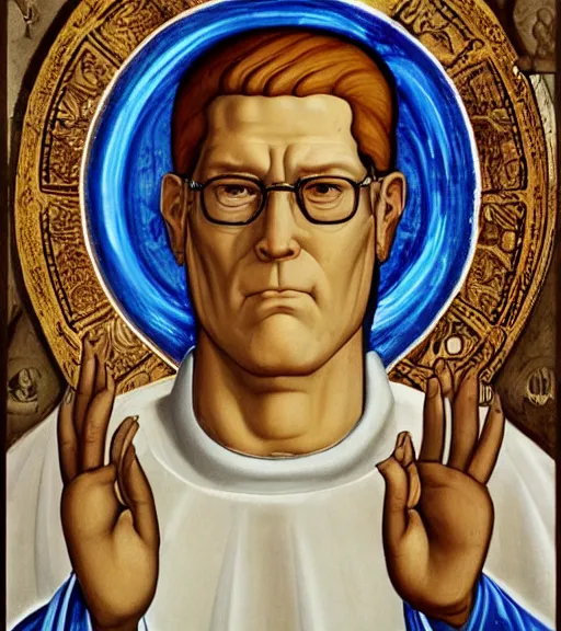 Image similar to hank hill wearing a white tshirt as the god of propane surrounded by blue fire and blue flames, renaissance religious painting, late gothic religious paintings, byzantine religious art, painting by duccio di buoninsegna and carlo crivelli, trending on artstation